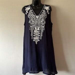 EMBROIDERED floral flounce hem boho shift dress navy small see measurements